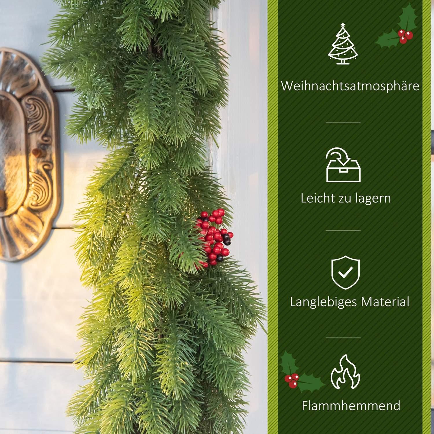 Northio Guirlande de Noël artificielle de 1,9 m, décoration florale avec pommes de pin, baies, sapin pour escaliers, cheminée, PE vert  