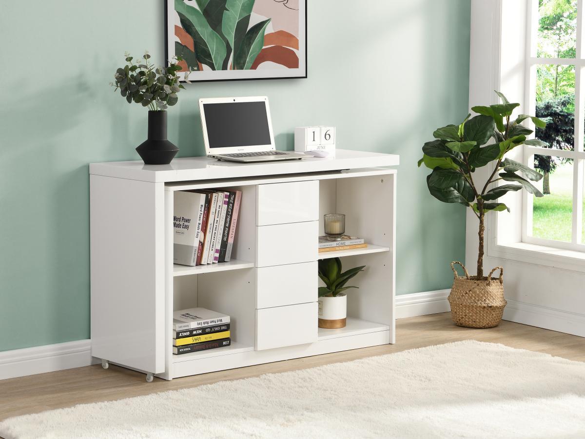 Vente-unique Bureau extensible avec plateau pivotant 360° - MDF - Blanc laqué - PAVELO  