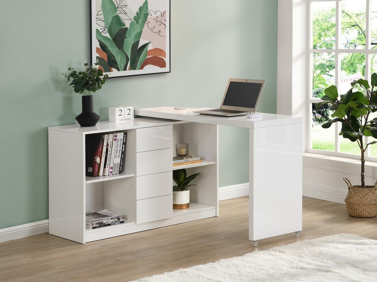 Vente-unique Bureau extensible avec plateau pivotant 360° - MDF - Blanc laqué - PAVELO  