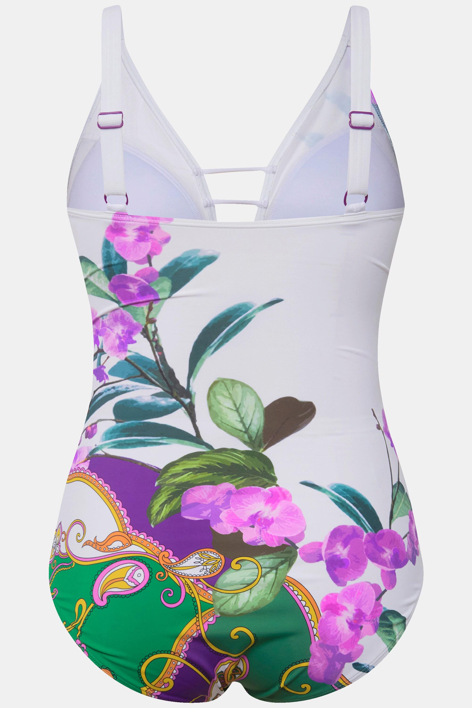 Ulla Popken  Maillot de bain à bonnets moulés. Matière recyclée et motif orchidée 