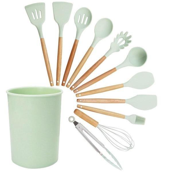 11 Utensili Cucina Silicone Mestolo Spatola Cucchiaio Pinza Frusta Manico  Legno