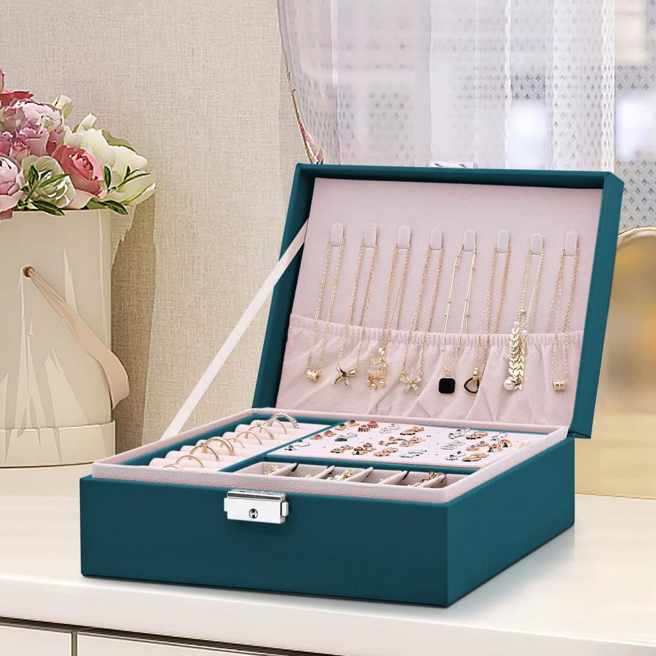 Only-bags.store  Schmuckkästchen 2 Schichten Pu-Leder-Schmuck Aufbewahrung Portable abschließbare Reise-Schmuckkästchen 