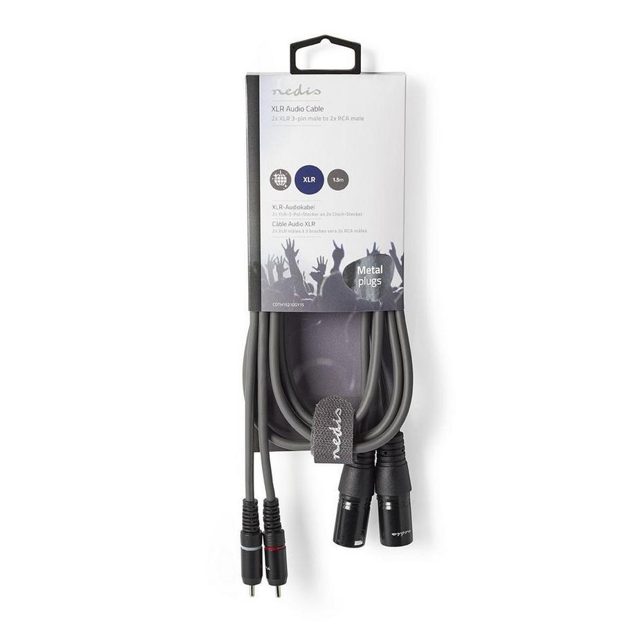 Nedis  Cavo audio bilanciato | 2x XLR 3-Pin Maschio | 2x RCA Maschio | Nichelato | 1,50 m | Rotondo | PVC | Grigio scuro | Custodia in cartone 