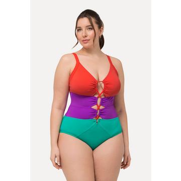 Maillot de bain esprit colour block, bonnets souples. Matière recyclée et découpes.