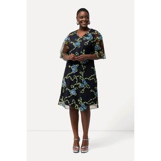Ulla Popken Robe Broderie Florale Coupe Évasée Col V Manches Courtes  
