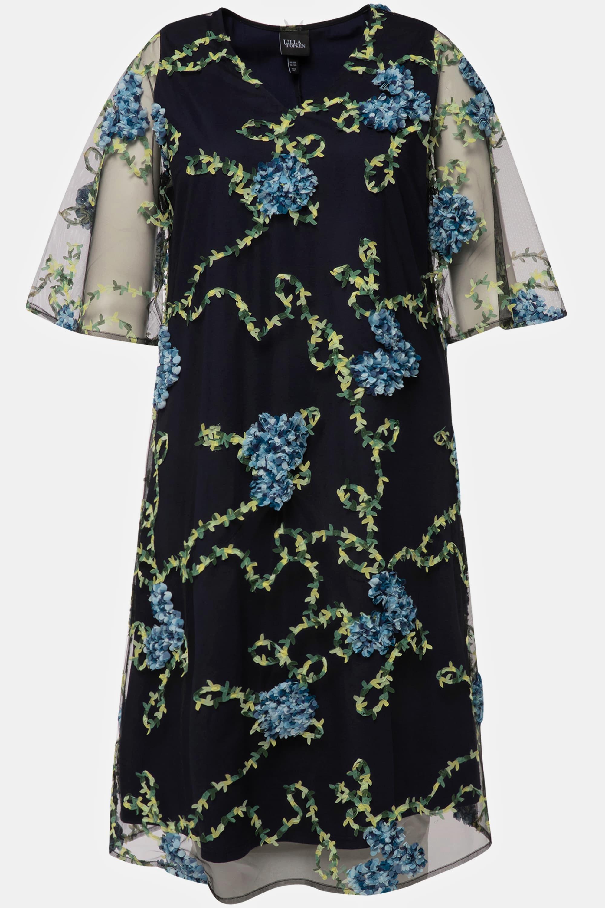 Ulla Popken  Robe, broderie florale, coupe évasée, col V, manches courtes 