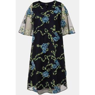 Ulla Popken  Robe, broderie florale, coupe évasée, col V, manches courtes 