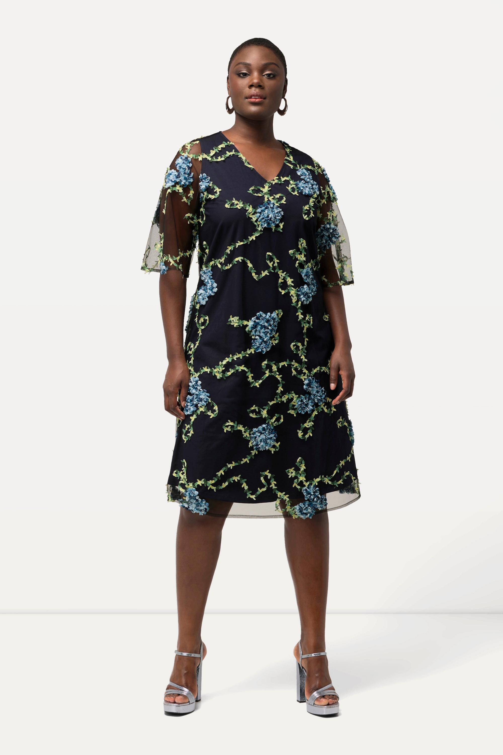 Ulla Popken Robe Broderie Florale Coupe Évasée Col V Manches Courtes  