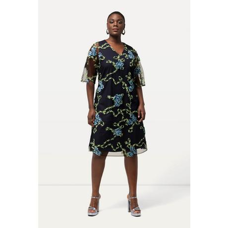 Ulla Popken Robe Broderie Florale Coupe Évasée Col V Manches Courtes  