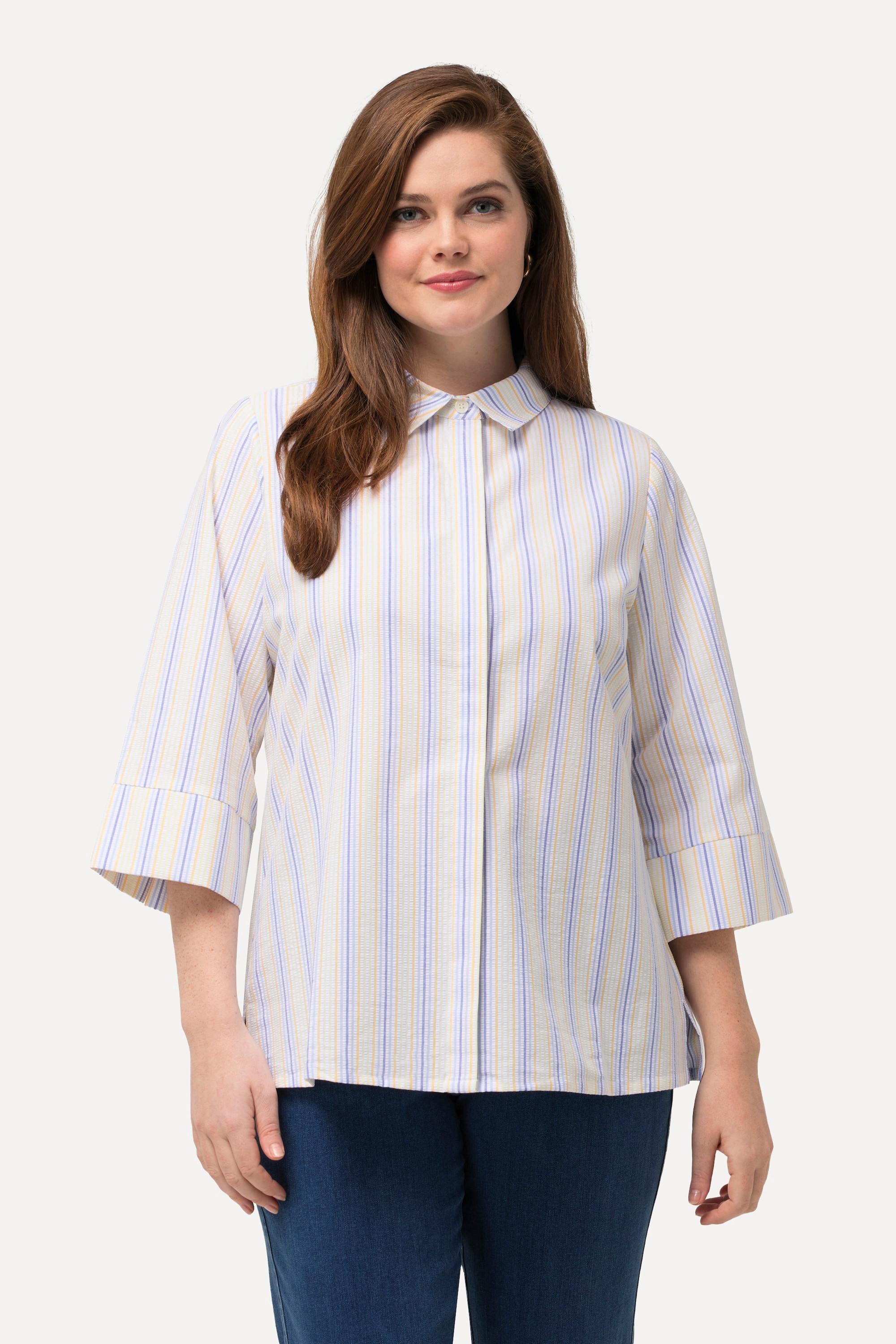 Ulla Popken  Camicia con righe con crespatura a bolle, collo da camicia e maniche a 3/4 