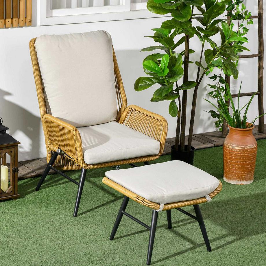 Northio Chaise De Détente En Rotin Avec Repose-Pieds, Chaise De Jardin Avec Dossier Réglable, Coussin De Chaise D'Extérieur En Rotin, Acier Naturel, Polyester  