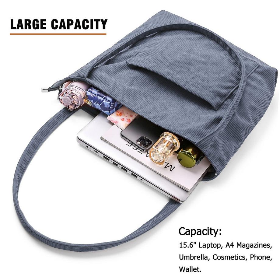 Only-bags.store Sac à Bandoulière en Velours Côtelé avec Fermeture Éclair Grand Sac Fourre-tout  