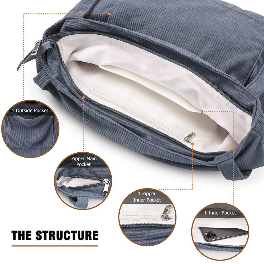 Only-bags.store Sac à Bandoulière en Velours Côtelé avec Fermeture Éclair Grand Sac Fourre-tout  