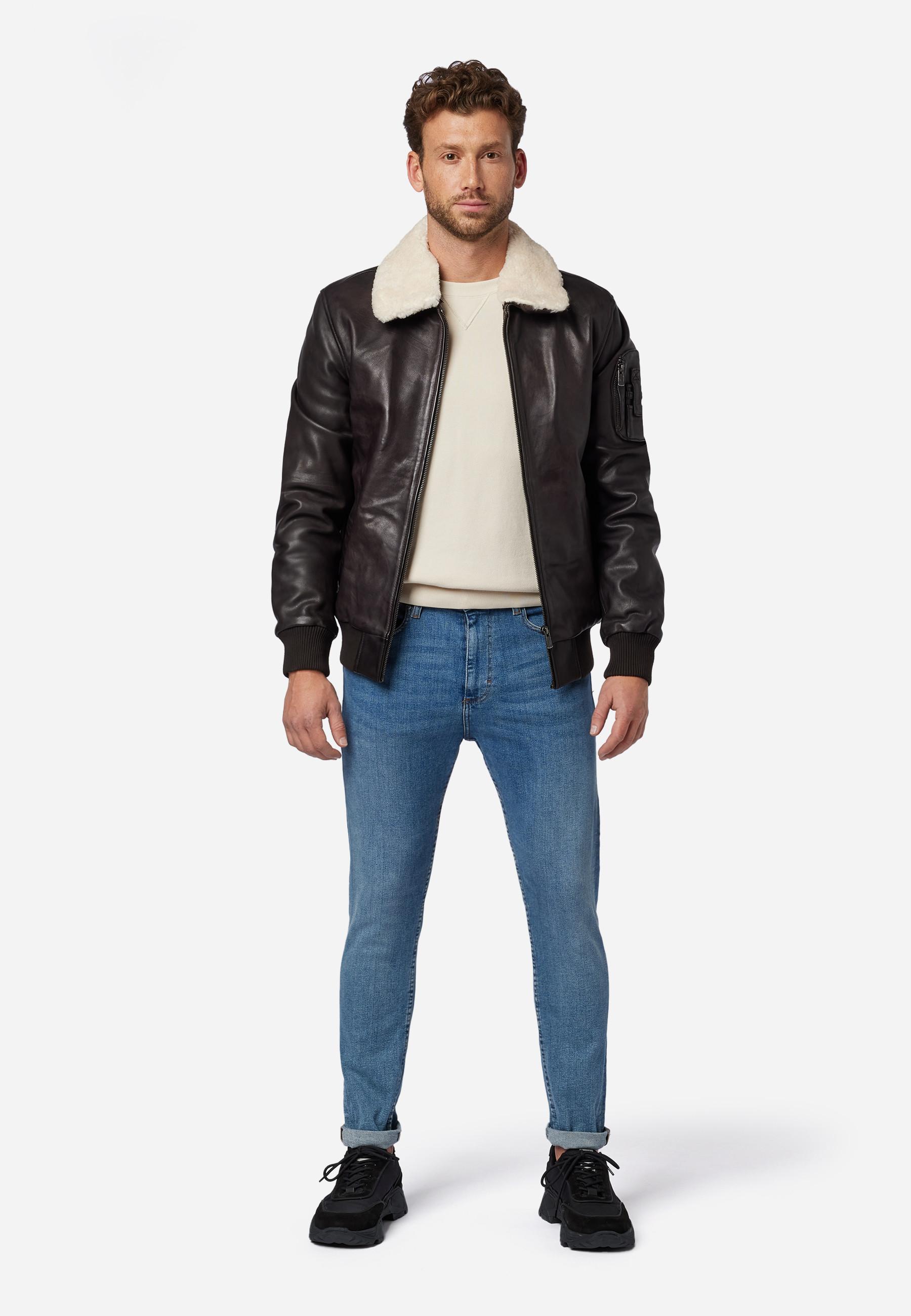 RICANO  Veste en cuir pour hommes M-Bomber - Blouson aviateur avec col en peau de mouton 