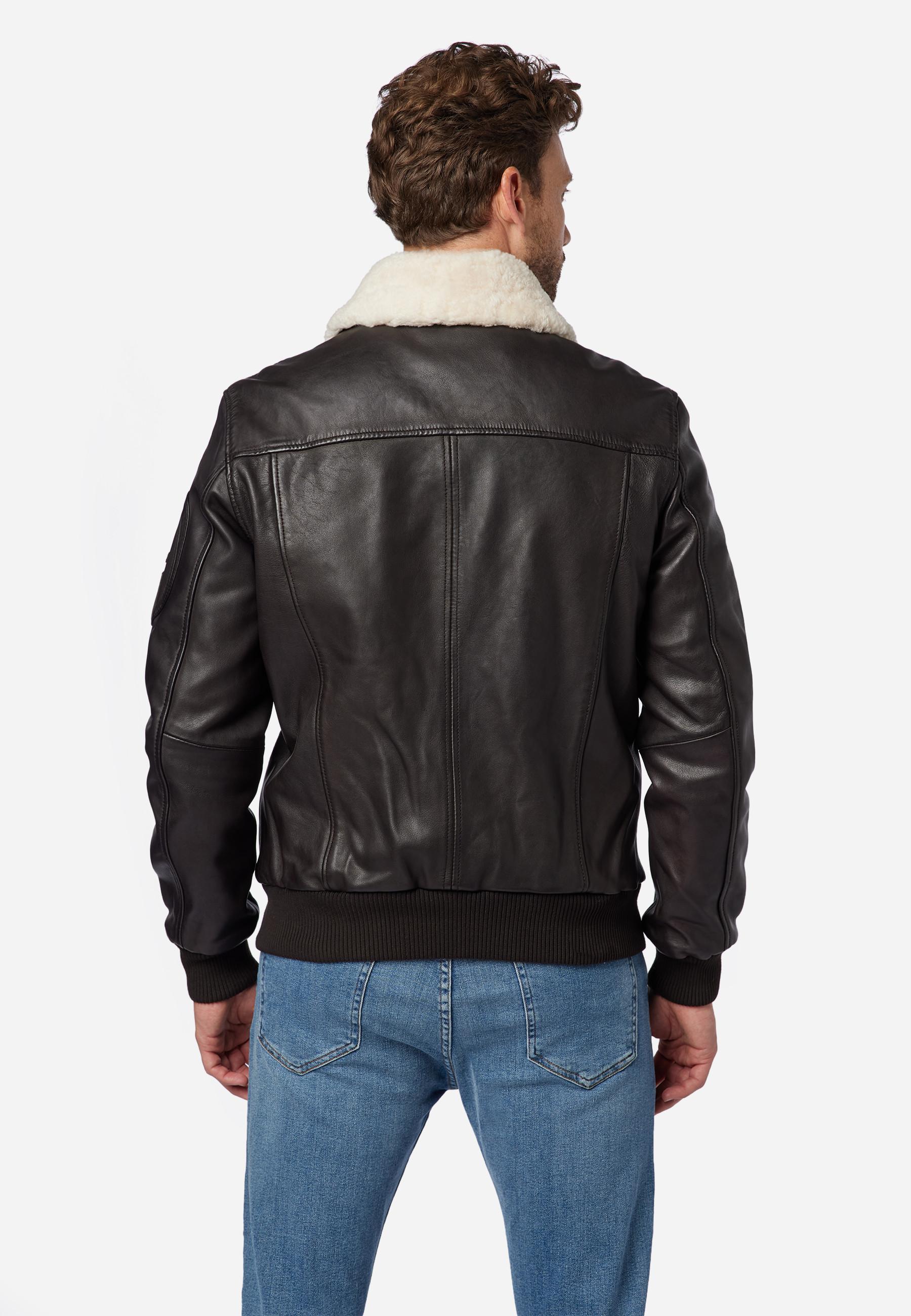 RICANO  Veste en cuir pour hommes M-Bomber - Blouson aviateur avec col en peau de mouton 