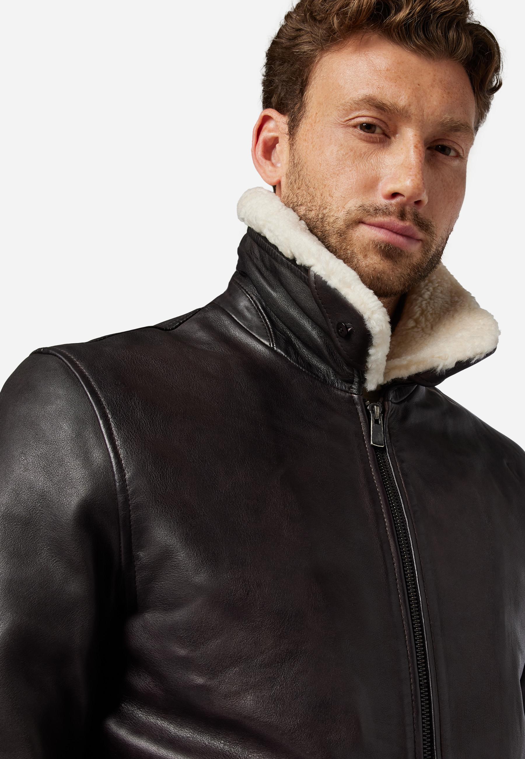 RICANO  Veste en cuir pour hommes M-Bomber - Blouson aviateur avec col en peau de mouton 