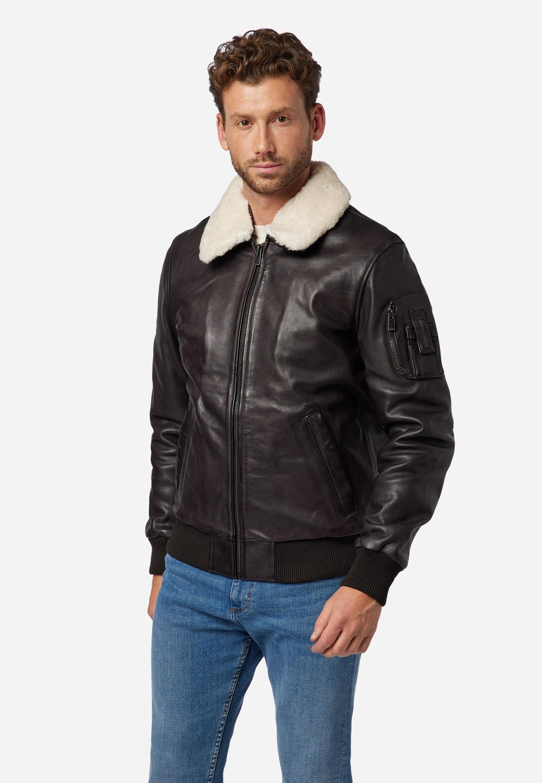 RICANO  Veste en cuir pour hommes M-Bomber - Blouson aviateur avec col en peau de mouton 