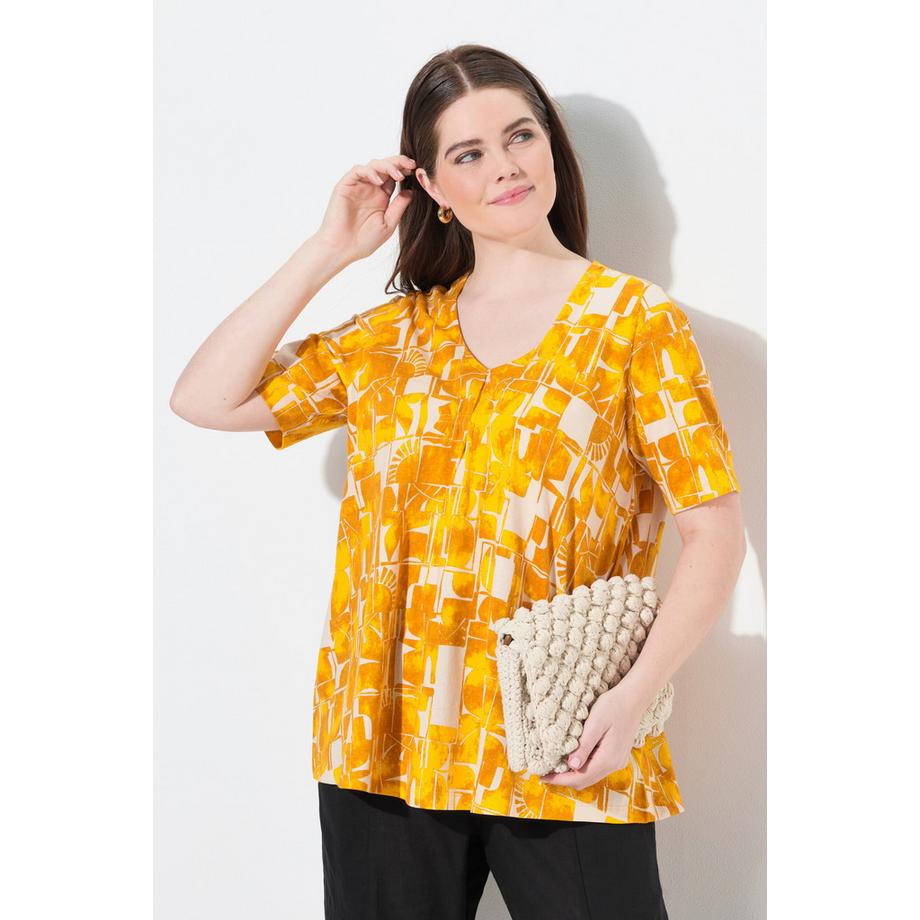 Ulla Popken Sonnenmuster V-Ausschnitt Halbarm T-Shirt  