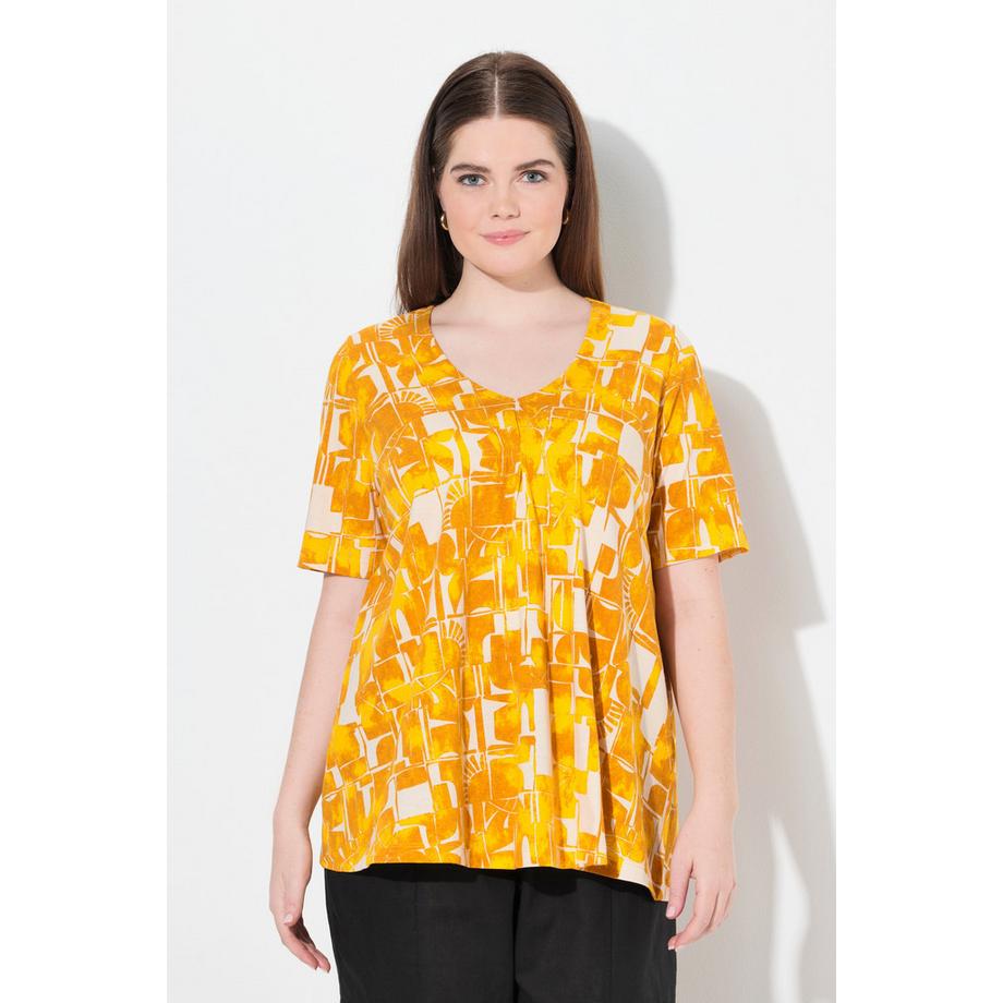 Ulla Popken Sonnenmuster V-Ausschnitt Halbarm T-Shirt  