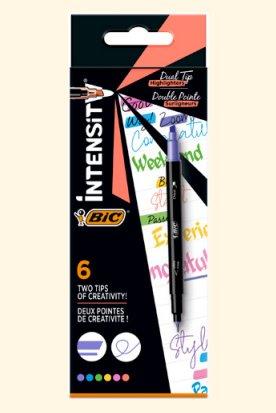 Image of BIC Intensity Dual Tip Marker 6 Stück(e) Meißelfeine Spitze Blau, Grün, Pfirsich, Pink, Violett, Gelb Schwarz