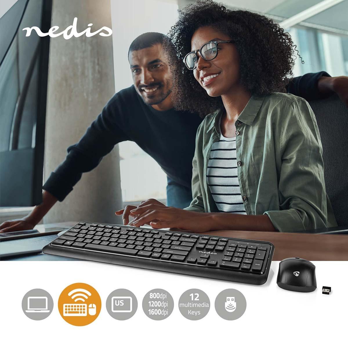 Nedis  Souris et clavier | Sans fil | Connexion souris et clavier : USB | 800 / 1200 / 1600 dpi | DPI réglable | QWERTY | US Layout 