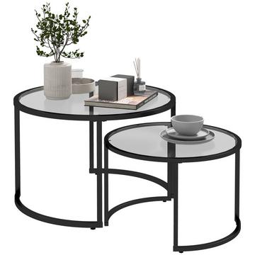 Lot De 2 Tables Basses, Table D'Appoint Avec Cadre En Acier Noir, Table Basse, Table Basse Avec Plateau En Verre Trempé, Partiellement Empilable