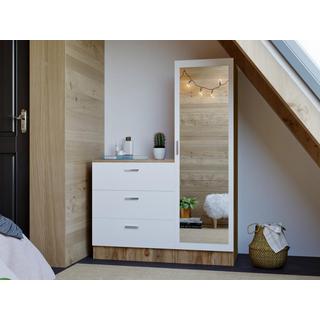 Vente-unique Commode 3 tiroirs avec armoire et miroir - Blanc et naturel - VITORIO  