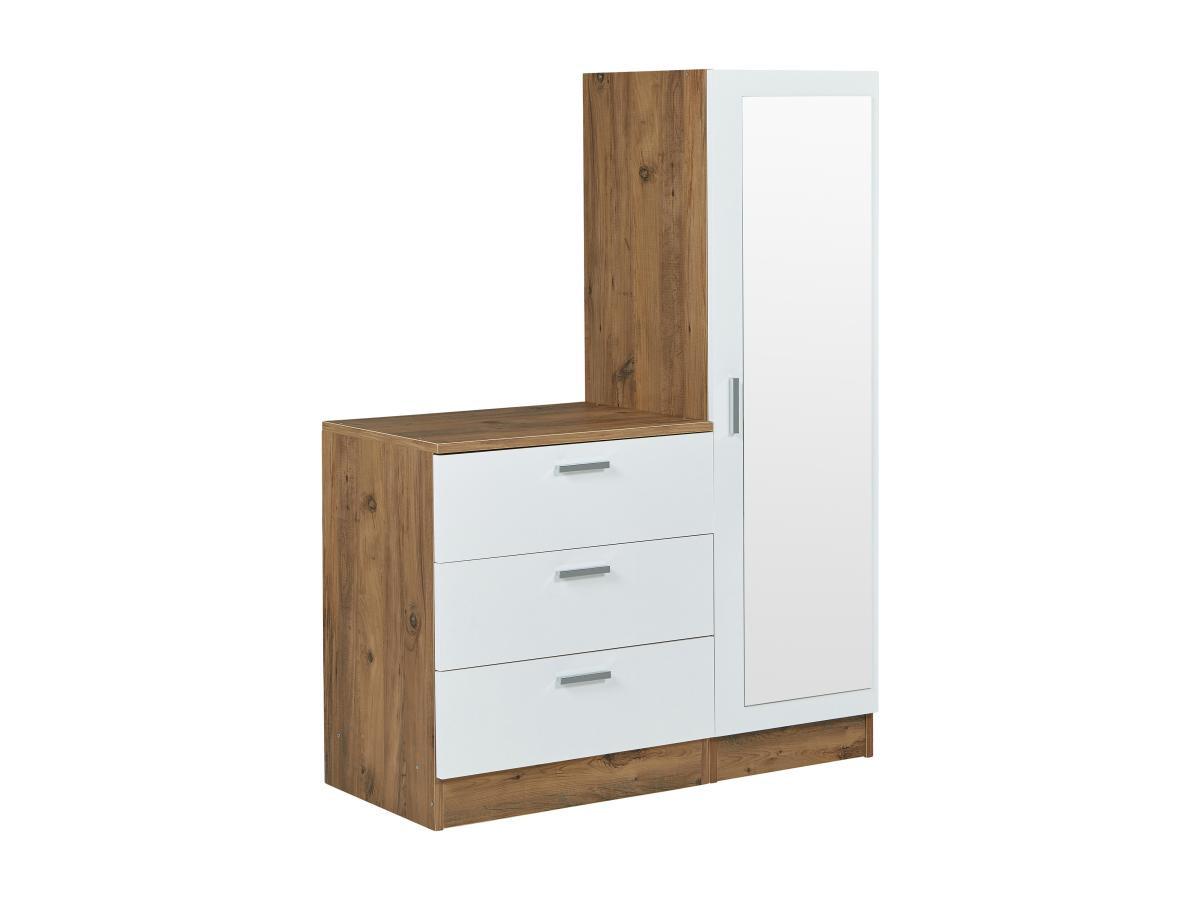 Vente-unique Commode 3 tiroirs avec armoire et miroir - Blanc et naturel - VITORIO  