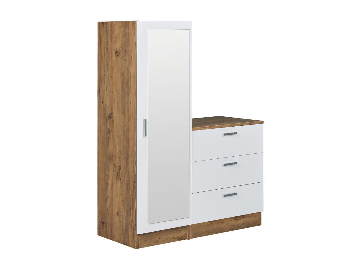 Vente-unique Commode 3 tiroirs avec armoire et miroir - Blanc et naturel - VITORIO  