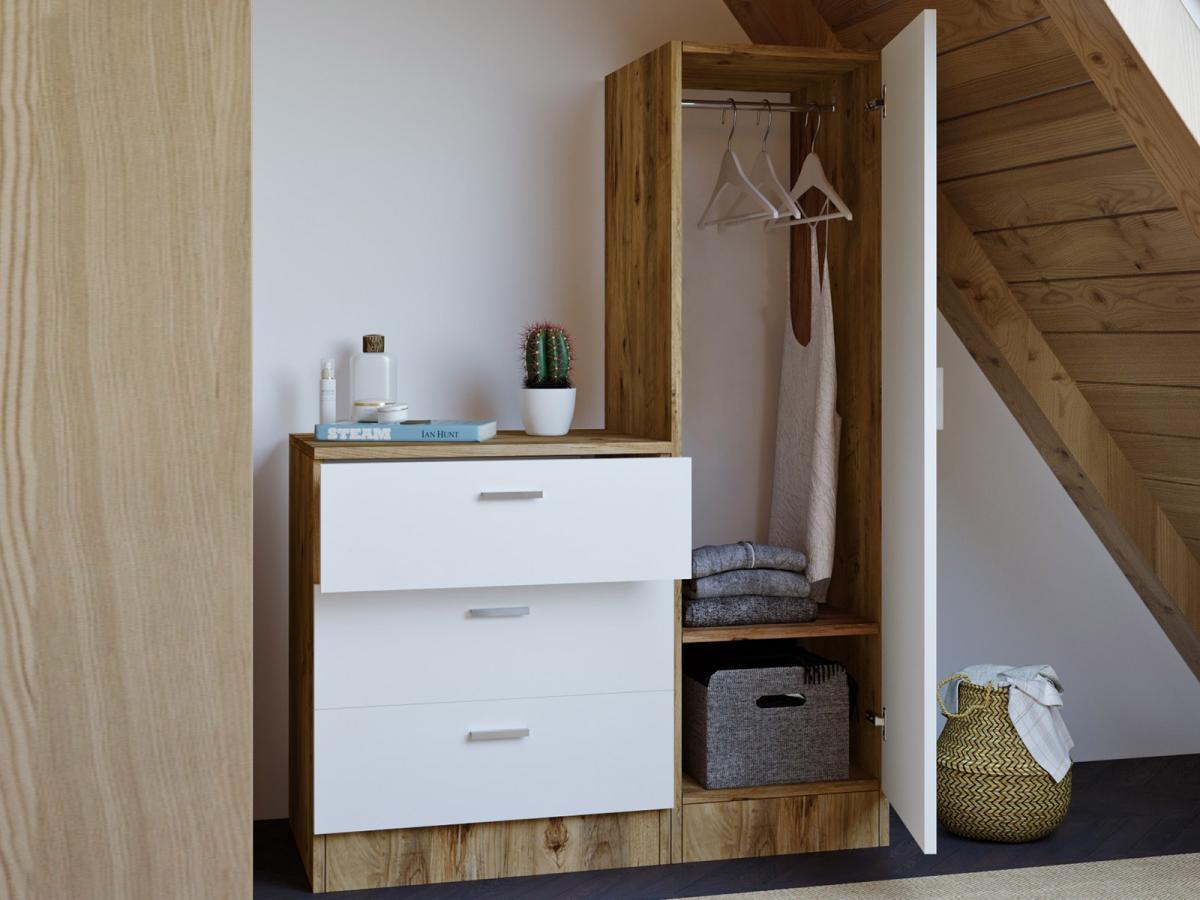 Vente-unique Commode 3 tiroirs avec armoire et miroir - Blanc et naturel - VITORIO  