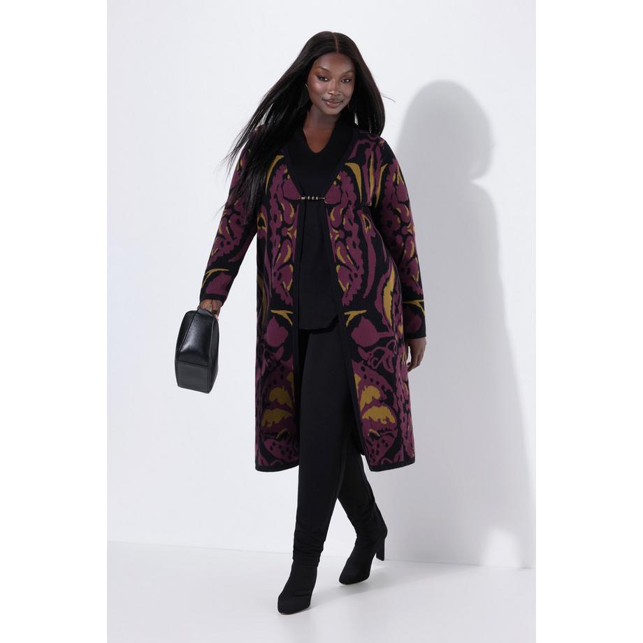 Ulla Popken Lange Jacquard Strickjacke mit Ziernadel  