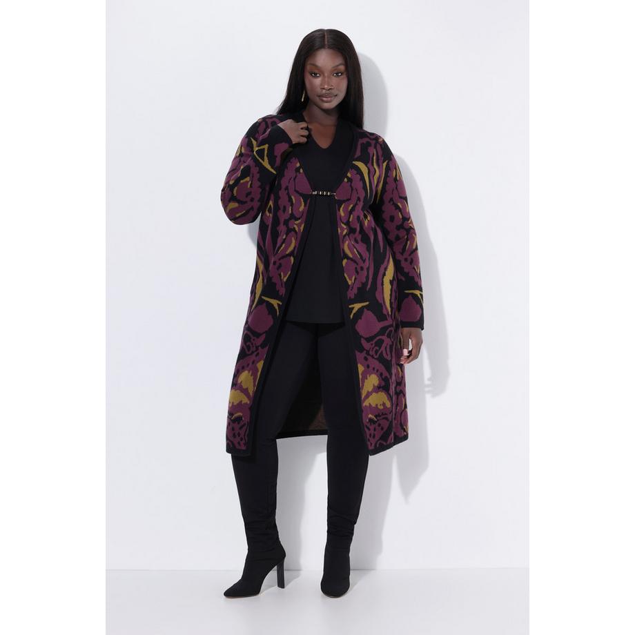 Ulla Popken Lange Jacquard Strickjacke mit Ziernadel  