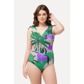 Ulla Popken  Maillot de bain avec bonnets souples et motif palmiers, ruban à fronces sur les épaules. Matière recyclée 