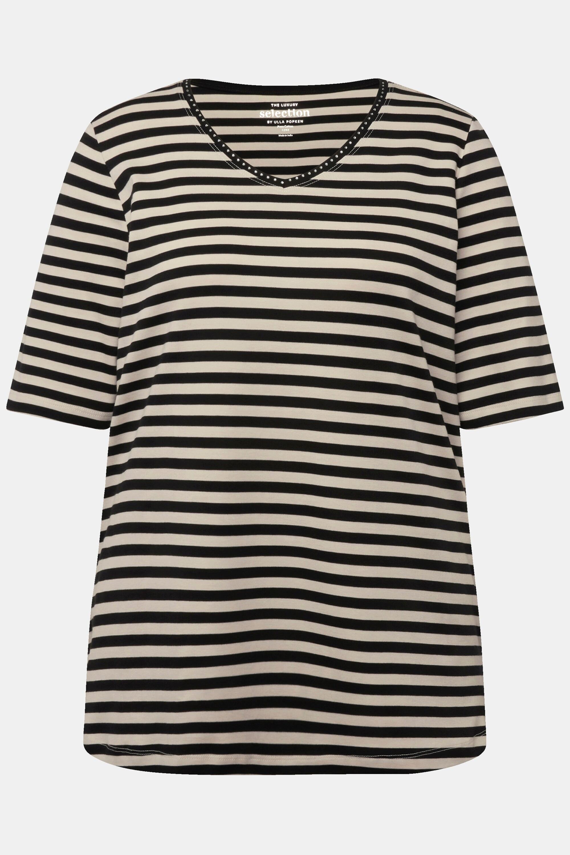 Ulla Popken  T-Shirt, Pima Cotton, Ringel, V-Ausschnitt, Halbarm 