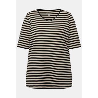 Ulla Popken  T-Shirt, Pima Cotton, Ringel, V-Ausschnitt, Halbarm 