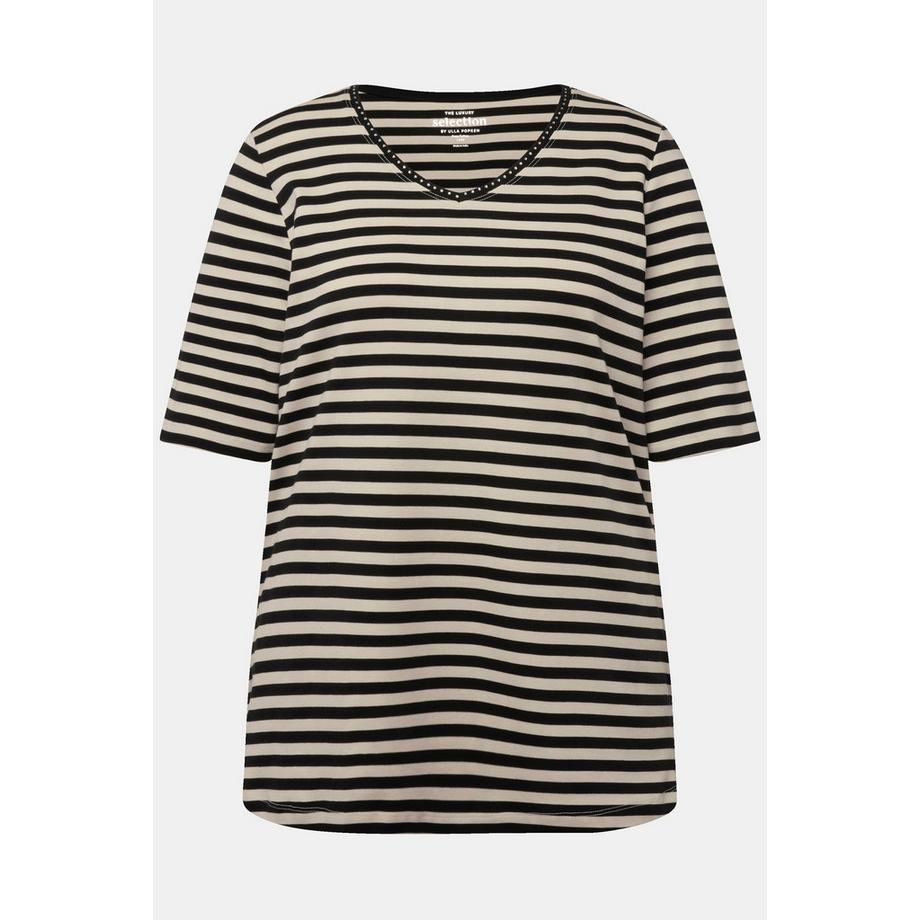 Ulla Popken Pima Cotton Ringel V-Ausschnitt Halbarm T-Shirt  