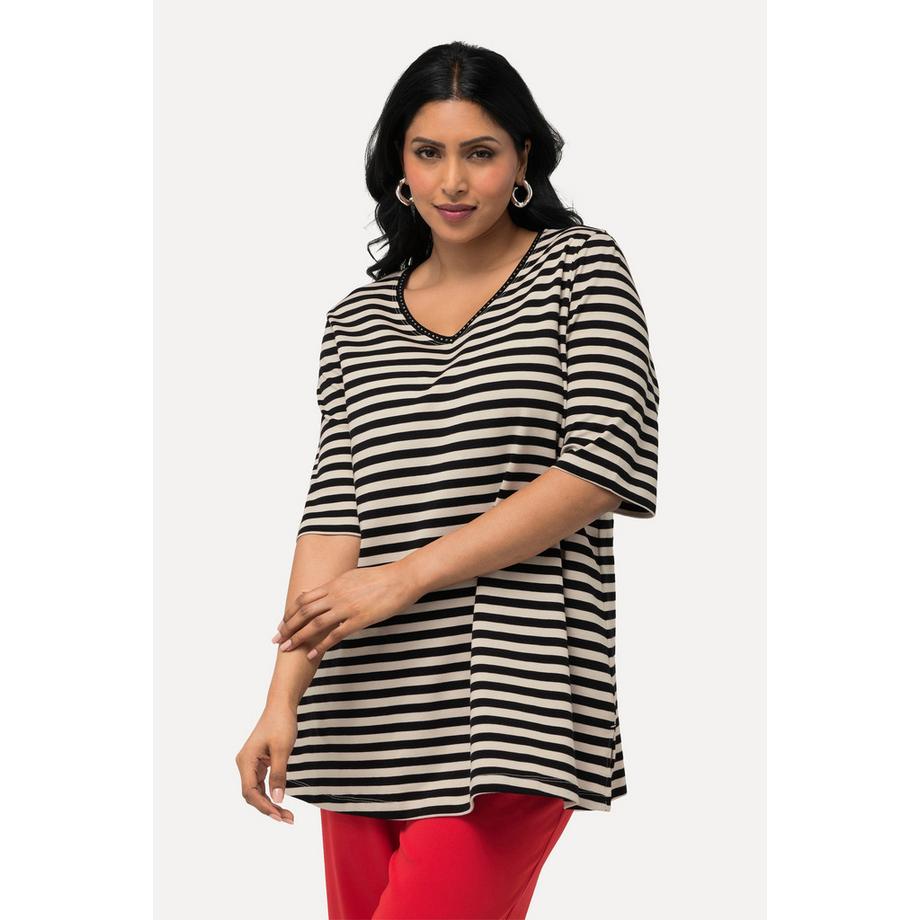 Ulla Popken Pima Cotton Ringel V-Ausschnitt Halbarm T-Shirt  