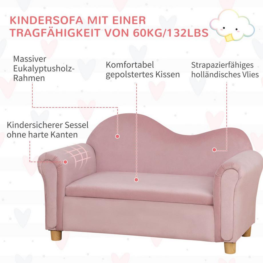 Northio Kindersofa Stauraum Rosa Vlies Zweisitzer 3-5 Jahre 84X41,5X48,5Cm  