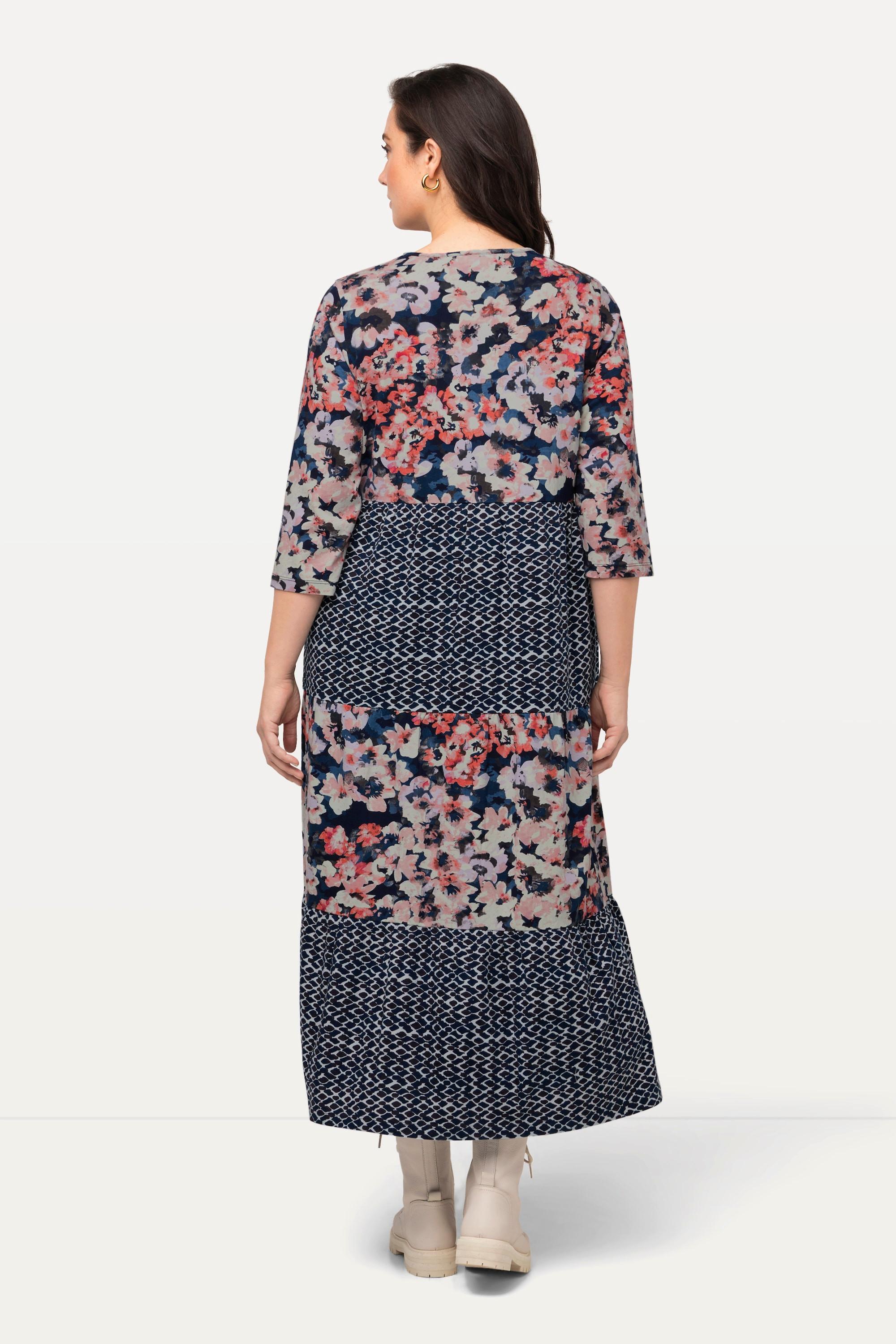 Ulla Popken Robe midi rayée coupe trapèze col rond manches 3/4  