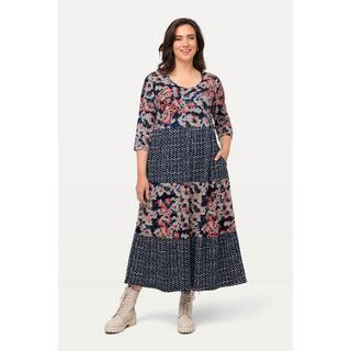 Ulla Popken  Robe trapèze longueur midi à col rond et manches 3/4, motif rayé 