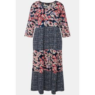 Ulla Popken  Robe trapèze longueur midi à col rond et manches 3/4, motif rayé 