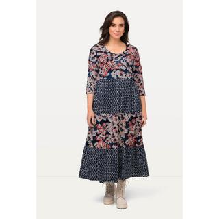 Ulla Popken  Robe trapèze longueur midi à col rond et manches 3/4, motif rayé 