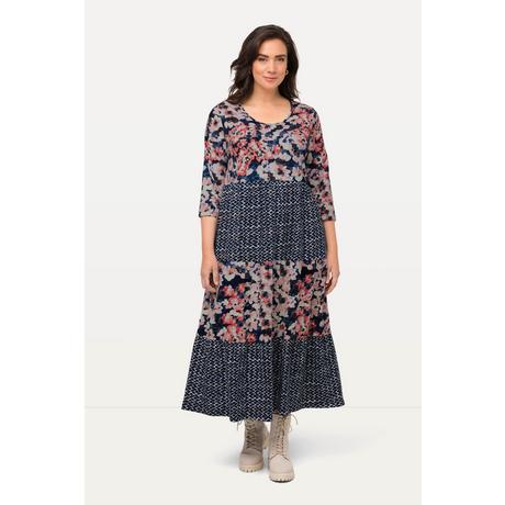 Ulla Popken  Robe trapèze longueur midi à col rond et manches 3/4, motif rayé 