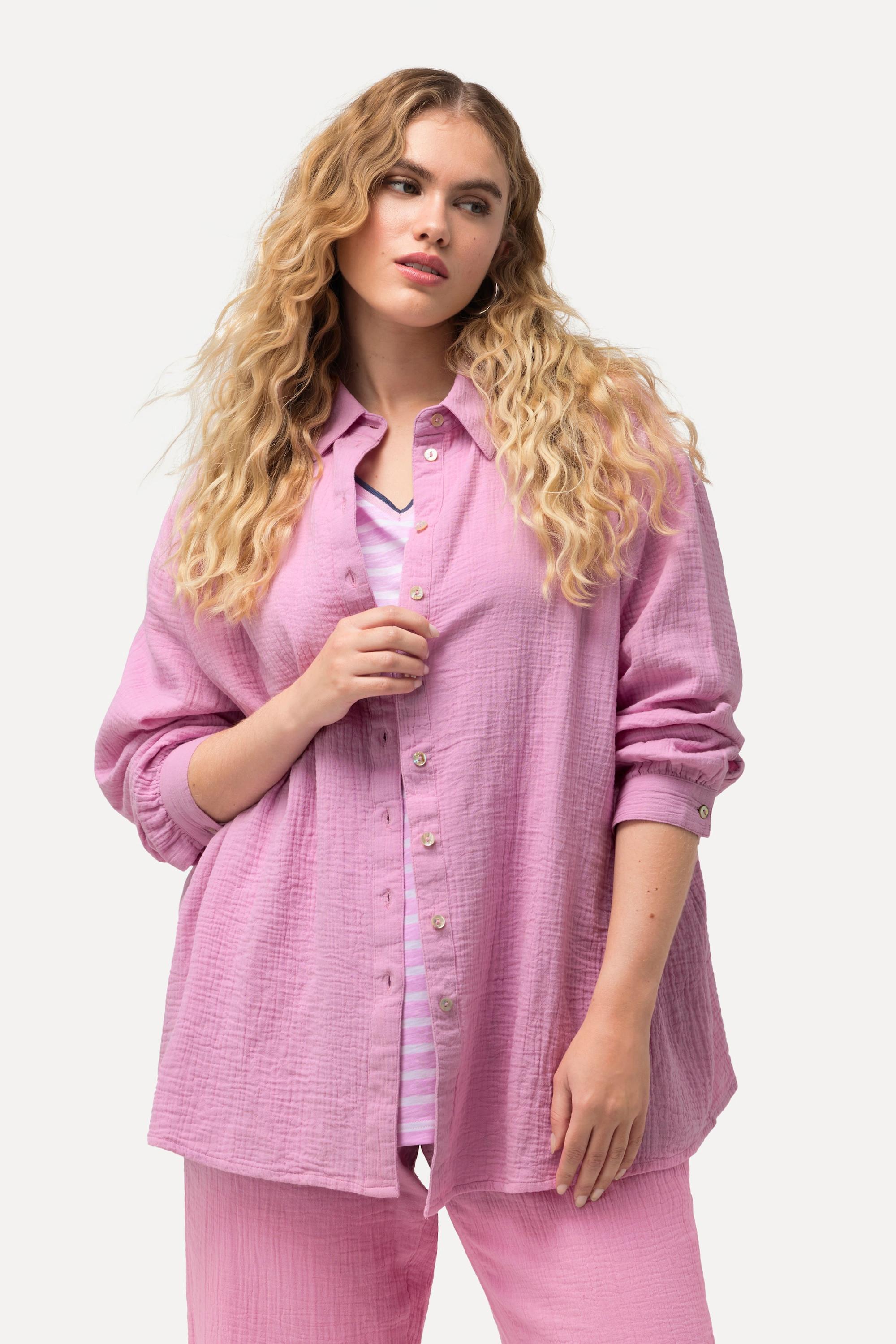 Ulla Popken  Camicia in mussola dal taglio oversize con collo da camicia e maniche lunghe 