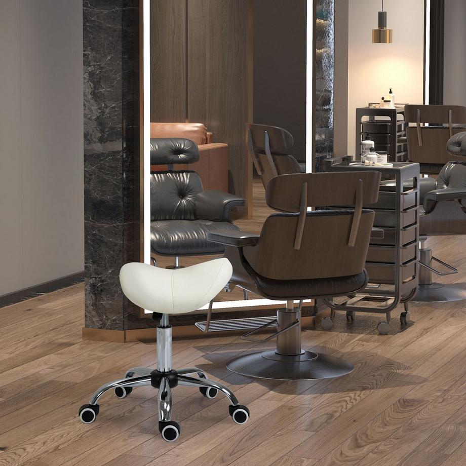 Northio Sgabello con ruote, regolabile in altezza, sgabello a sella, sgabello da lavoro, imbottito, bianco  