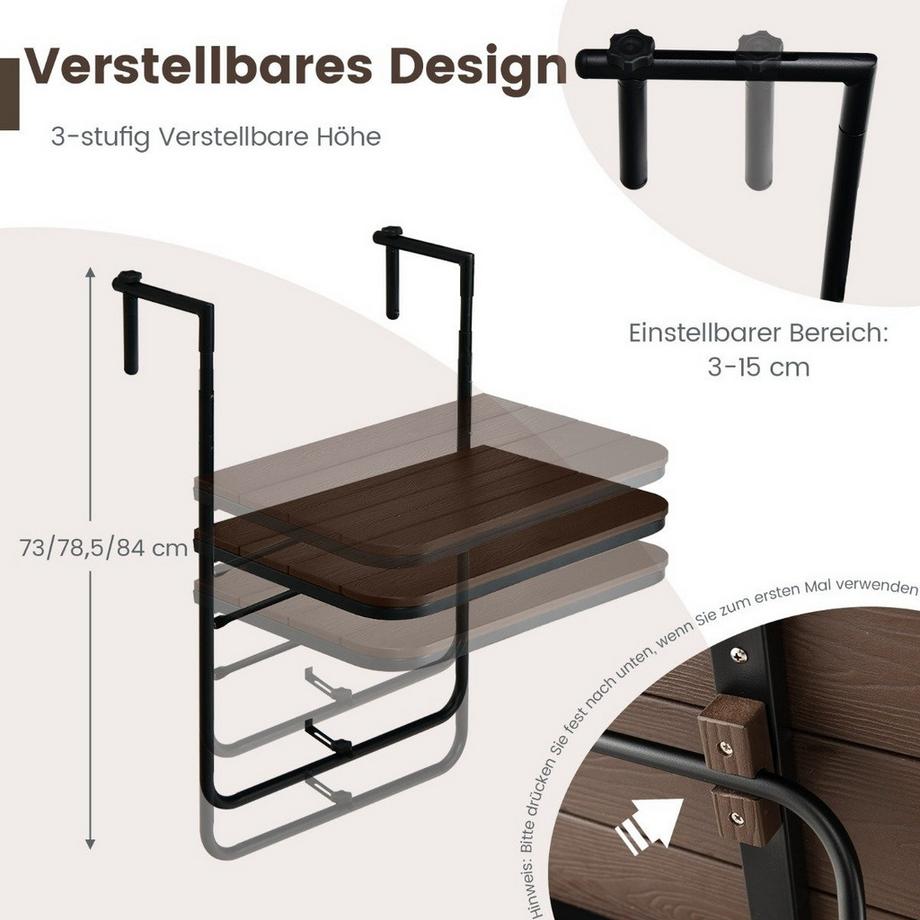 Northio Table de Balcon Suspendue Pliable avec Hauteur Réglable en HIPS  