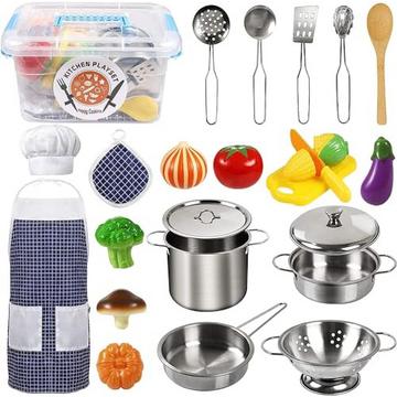 Accessoires de jouets de cuisine, ustensiles de cuisine pour enfants, ensemble de poêles en acier inoxydable, tablier et toque de chef pour légumes, jouets de simulation, jeux de rôle