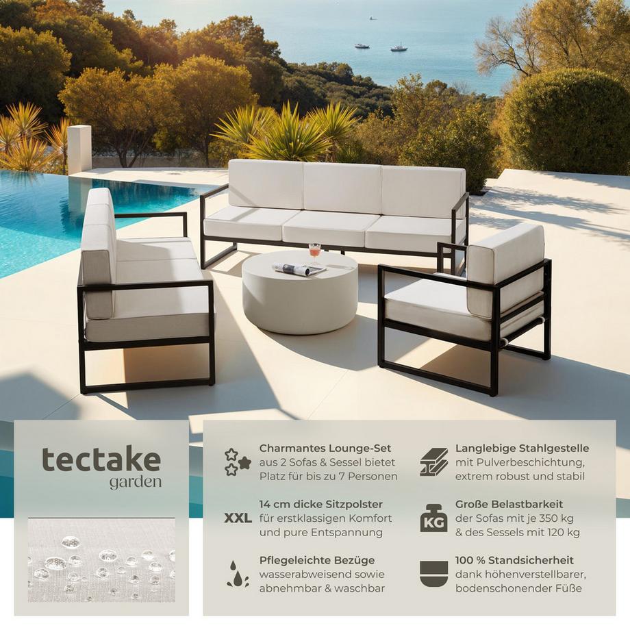 Tectake Garten-Loungeset Comosa für 7 Personen, Dicke der Sitzpolster 14 cm wasserabweisende, abnehmbare Polyesterbezüge  