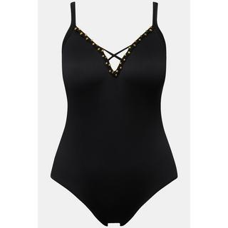 Ulla Popken  Maillot de bain avec bonnets souples. Tissu texturé, perles et cordons fantaisie. 