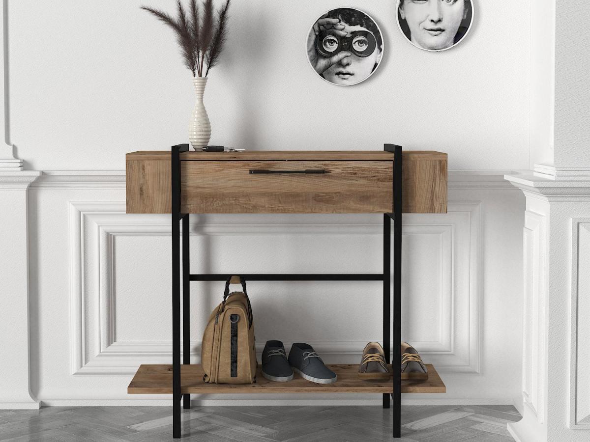 Vente-unique Console avec 1 porte et 1 étagère - Naturel clair et noir - CHENOA  